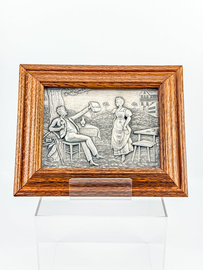 Vintage Framed Pewter Relief Plaque in Oak Frame, European Pastoral Scene Wall Art