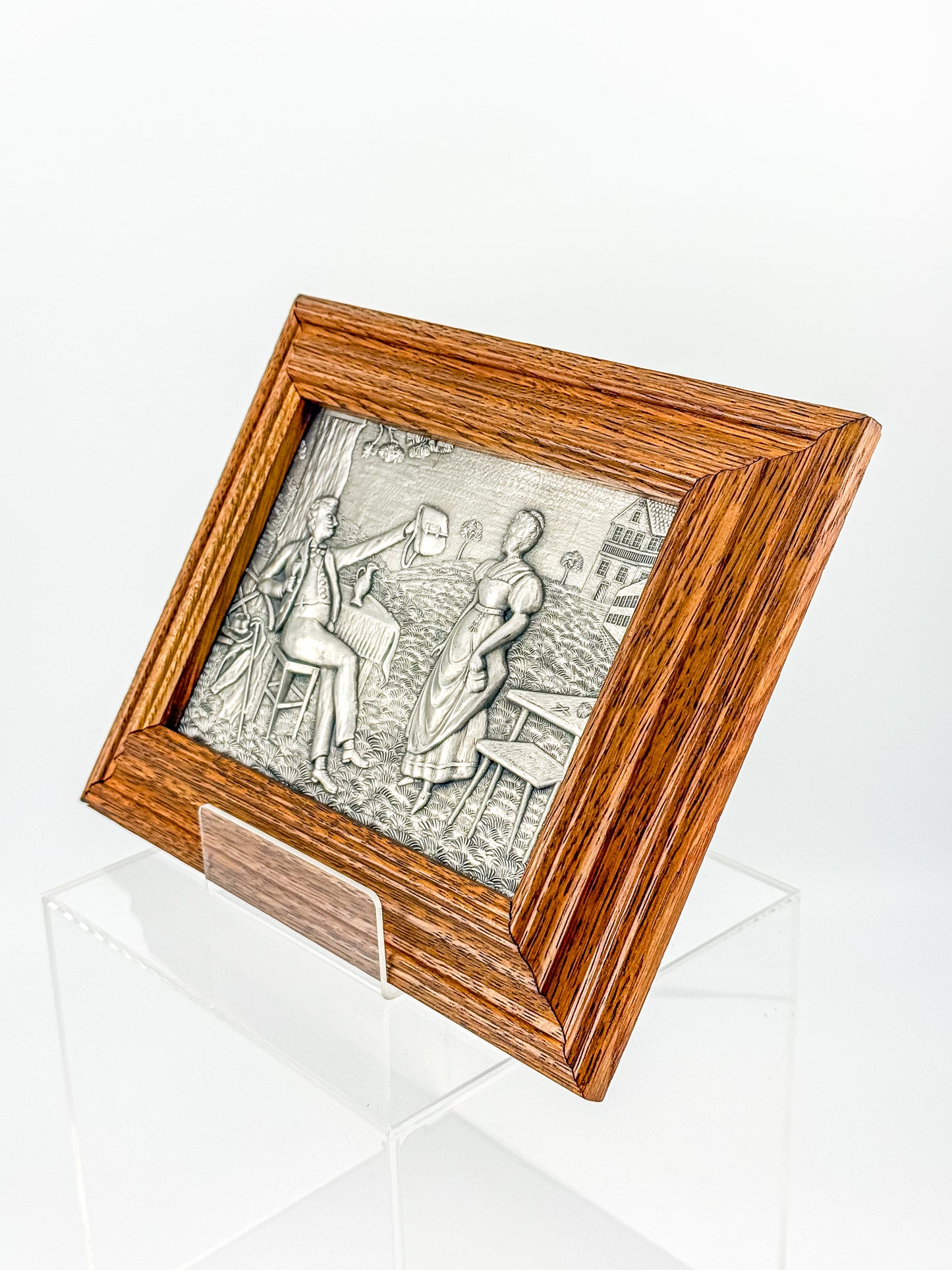 Vintage Framed Pewter Relief Plaque in Oak Frame, European Pastoral Scene Wall Art