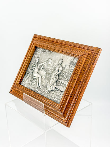 Vintage Framed Pewter Relief Plaque in Oak Frame, European Pastoral Scene Wall Art