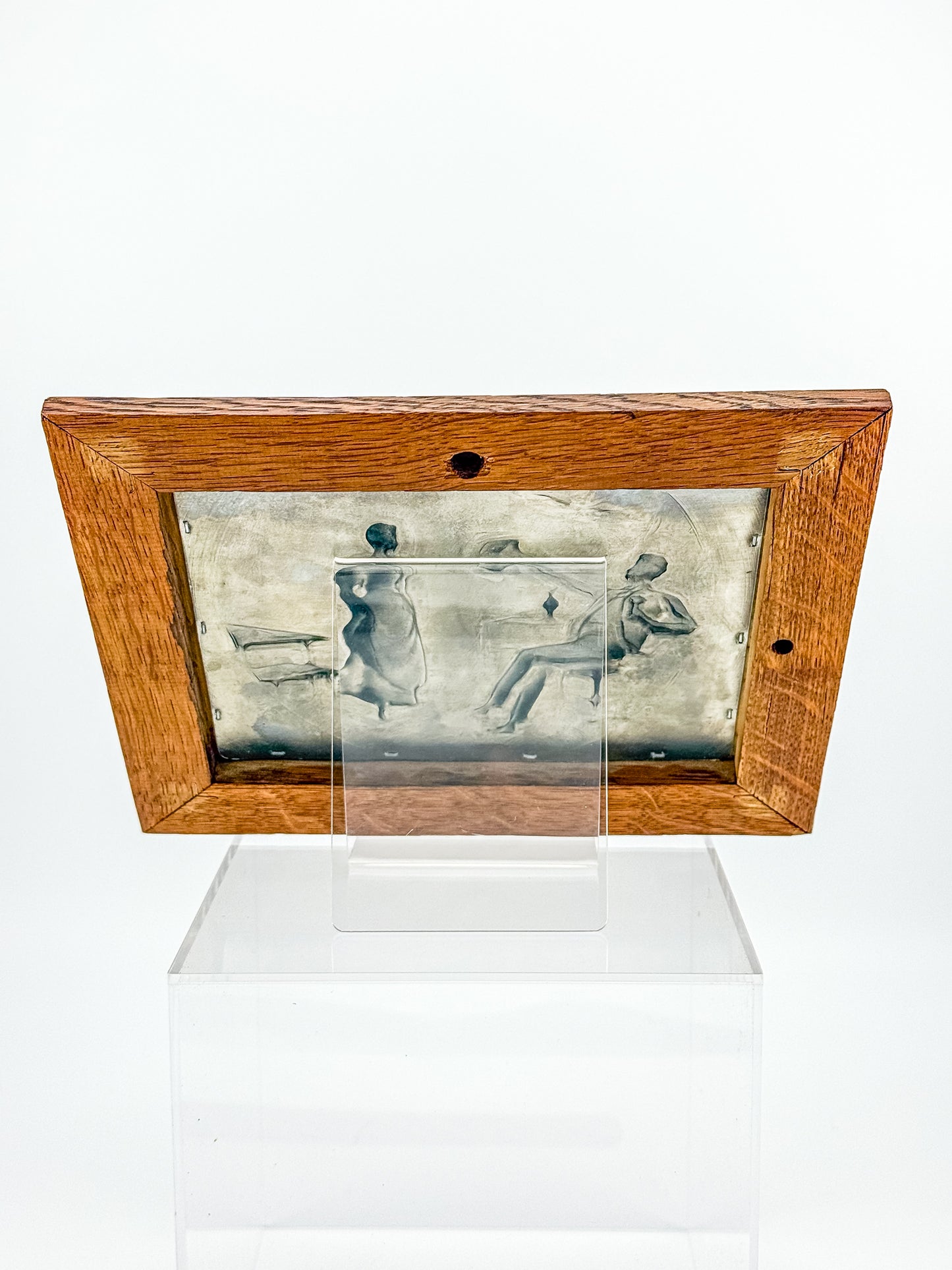 Vintage Framed Pewter Relief Plaque in Oak Frame, European Pastoral Scene Wall Art