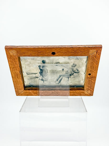 Vintage Framed Pewter Relief Plaque in Oak Frame, European Pastoral Scene Wall Art