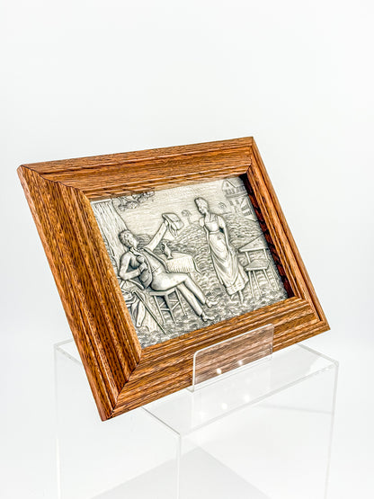 Vintage Framed Pewter Relief Plaque in Oak Frame, European Pastoral Scene Wall Art