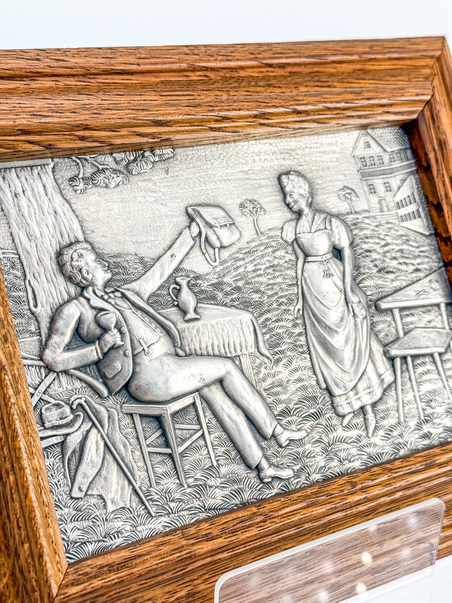 Vintage Framed Pewter Relief Plaque in Oak Frame, European Pastoral Scene Wall Art