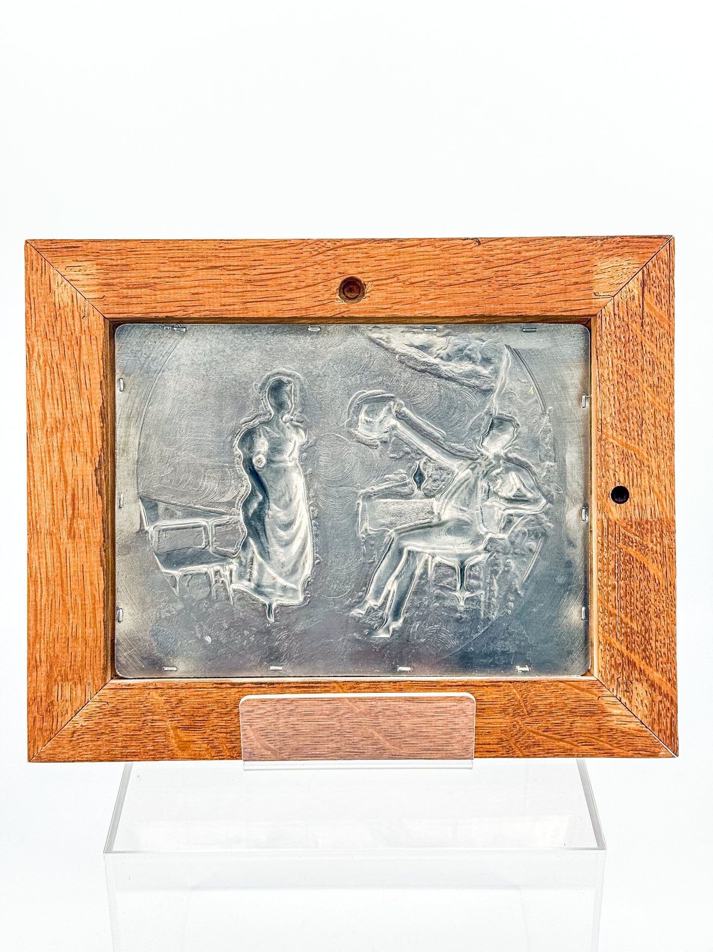 Vintage Framed Pewter Relief Plaque in Oak Frame, European Pastoral Scene Wall Art