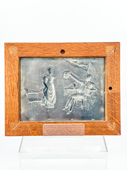 Vintage Framed Pewter Relief Plaque in Oak Frame, European Pastoral Scene Wall Art
