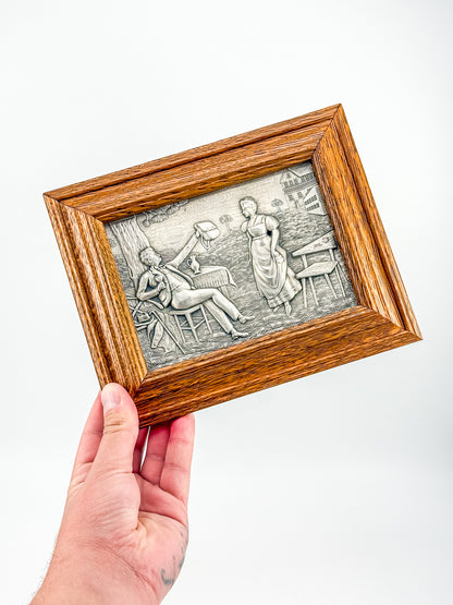 Vintage Framed Pewter Relief Plaque in Oak Frame, European Pastoral Scene Wall Art