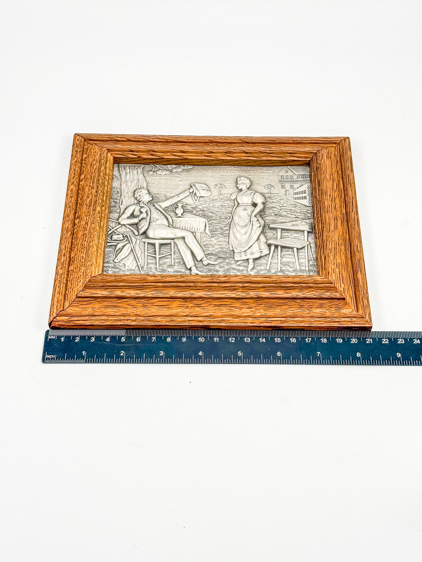 Vintage Framed Pewter Relief Plaque in Oak Frame, European Pastoral Scene Wall Art