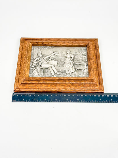 Vintage Framed Pewter Relief Plaque in Oak Frame, European Pastoral Scene Wall Art