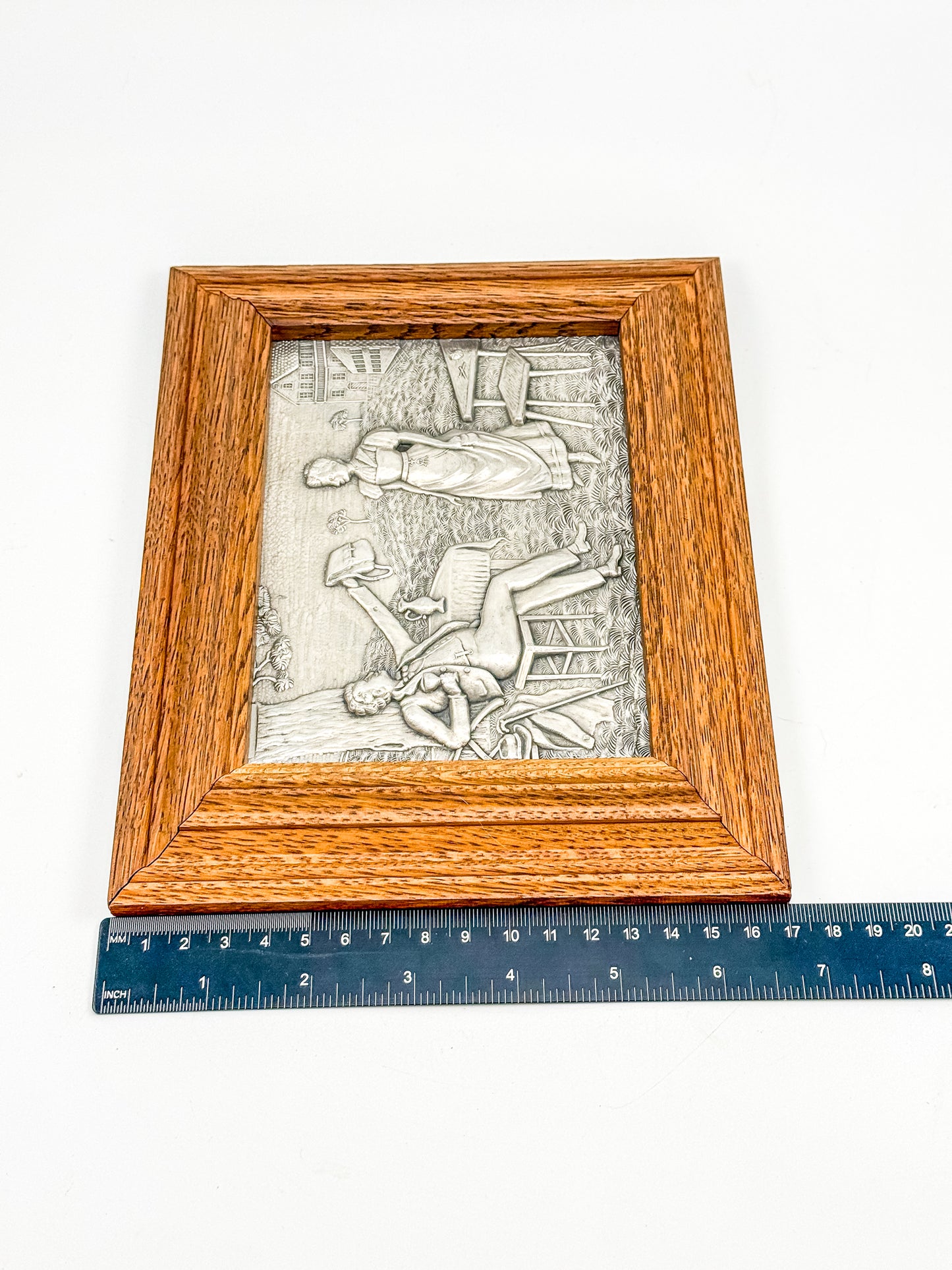 Vintage Framed Pewter Relief Plaque in Oak Frame, European Pastoral Scene Wall Art