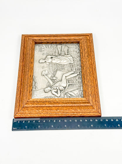 Vintage Framed Pewter Relief Plaque in Oak Frame, European Pastoral Scene Wall Art
