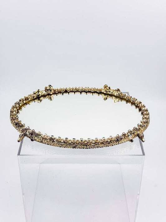 Vintage Sam Fink Gold Tone Oval Mirrored Vanity Tray with Ornate Floral Frame