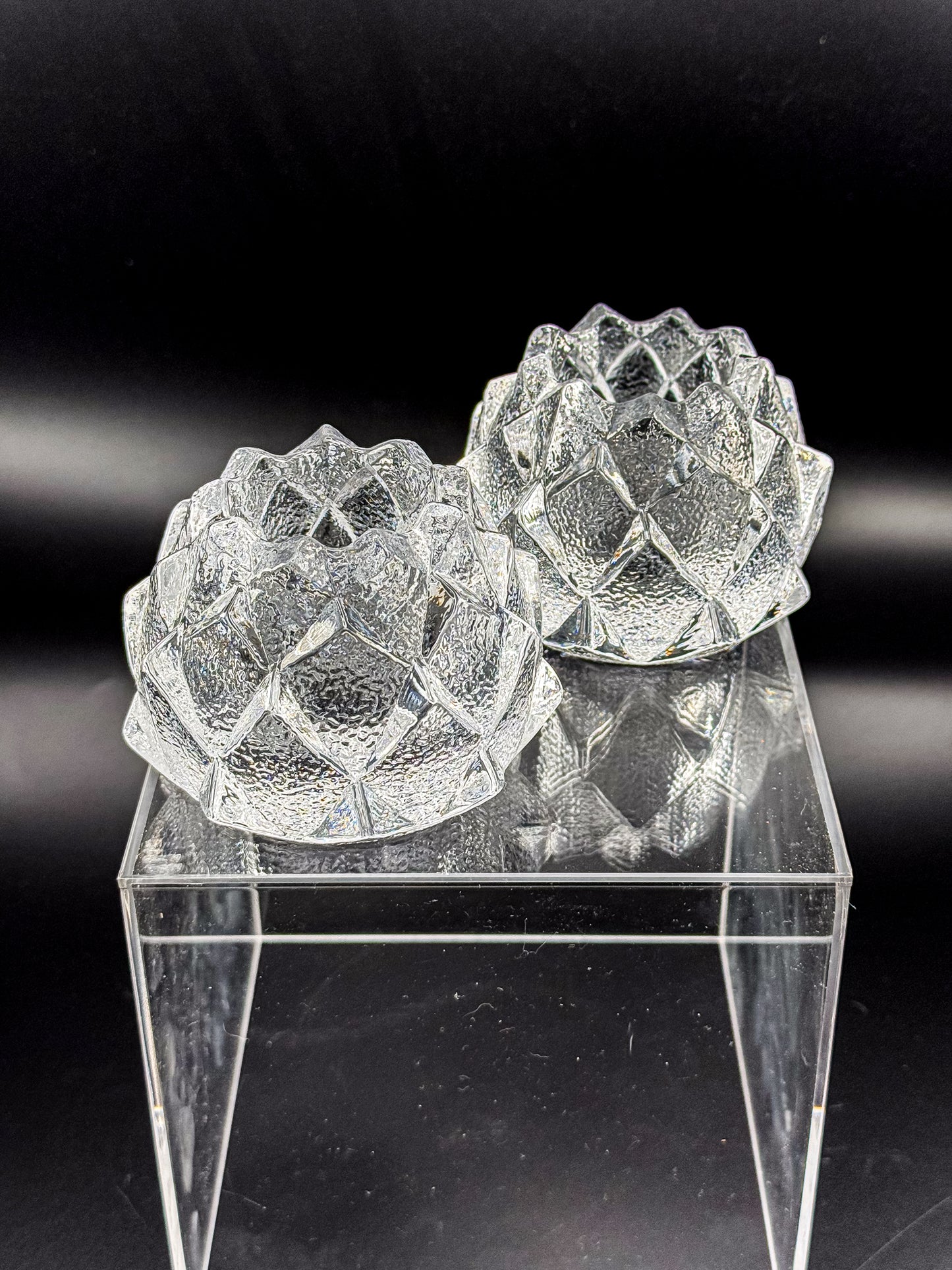 Orrefors Nimbus Artichoke Crystal Votive Holders, Pair of Two, Signed