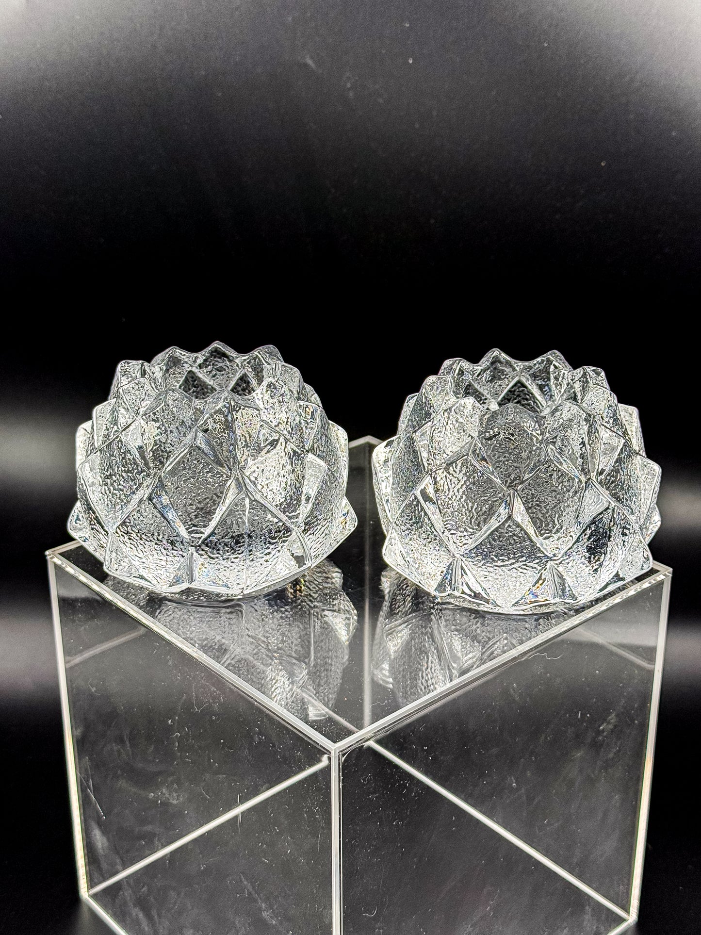 Orrefors Nimbus Artichoke Crystal Votive Holders, Pair of Two, Signed