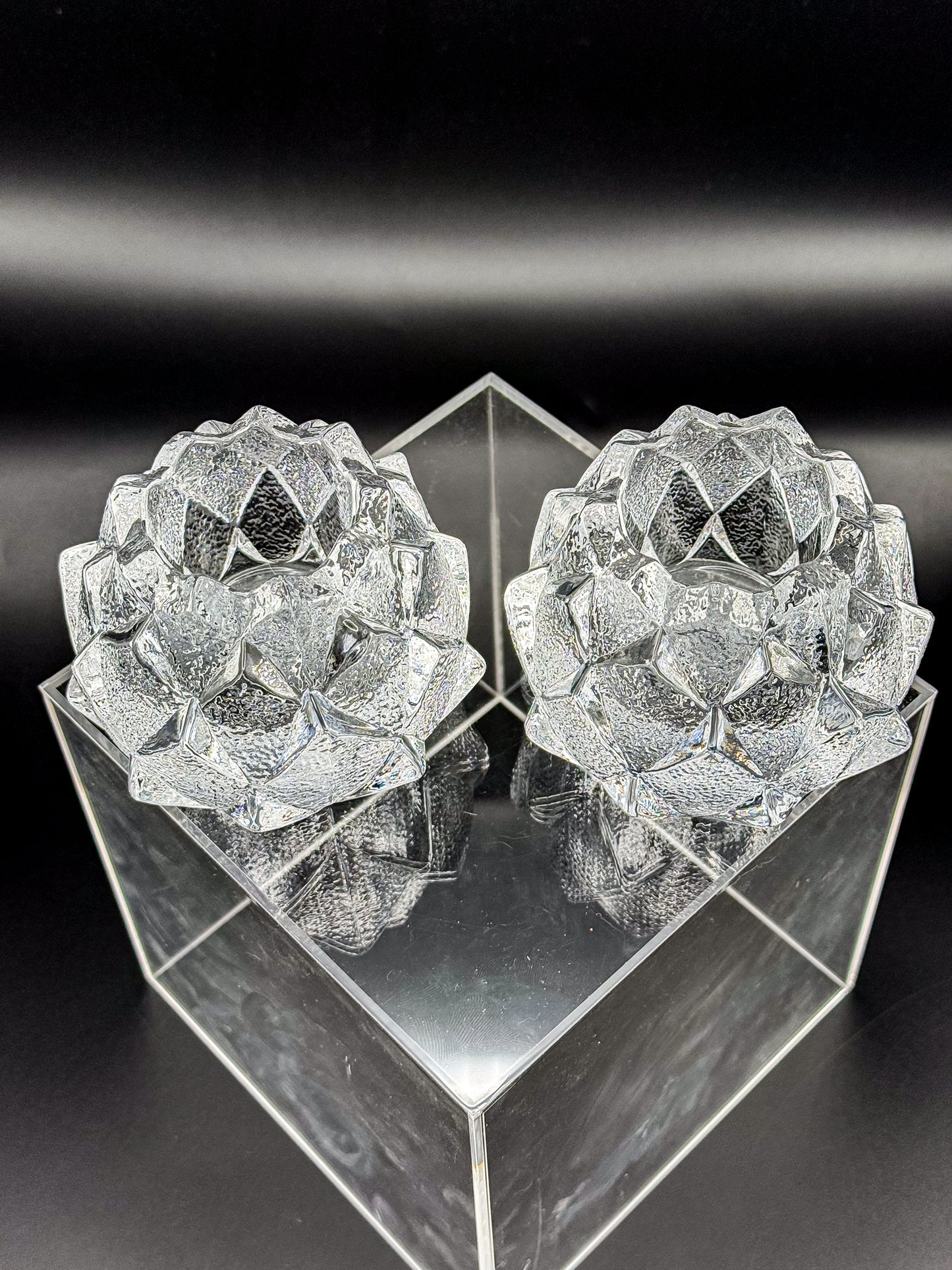 Orrefors Nimbus Artichoke Crystal Votive Holders, Pair of Two, Signed