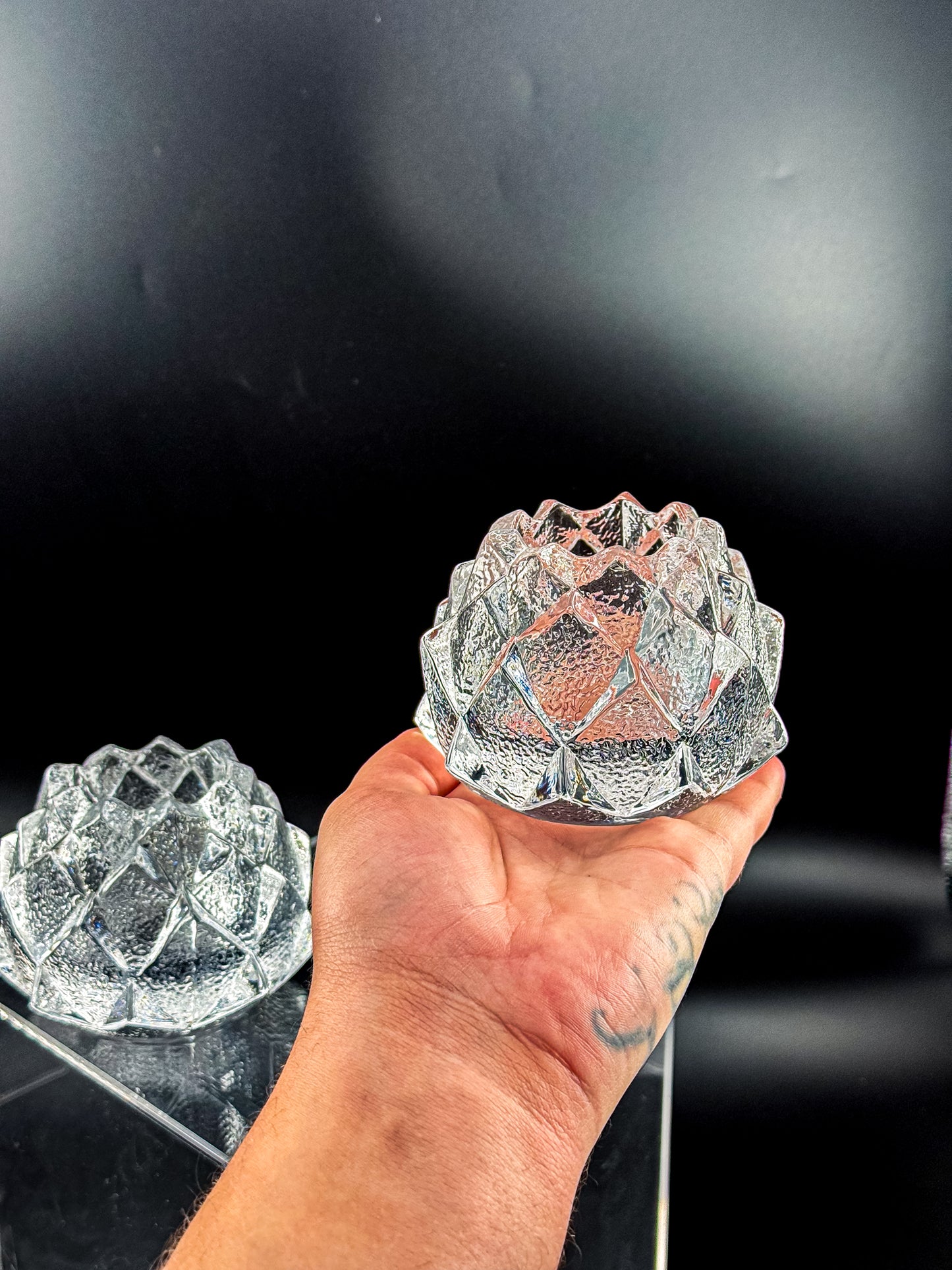 Orrefors Nimbus Artichoke Crystal Votive Holders, Pair of Two, Signed