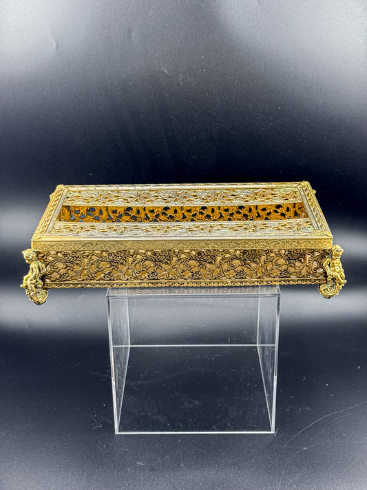 Vintage Hollywood Regency Gold Filigree Tissue Box Cover, Cherub Feet
