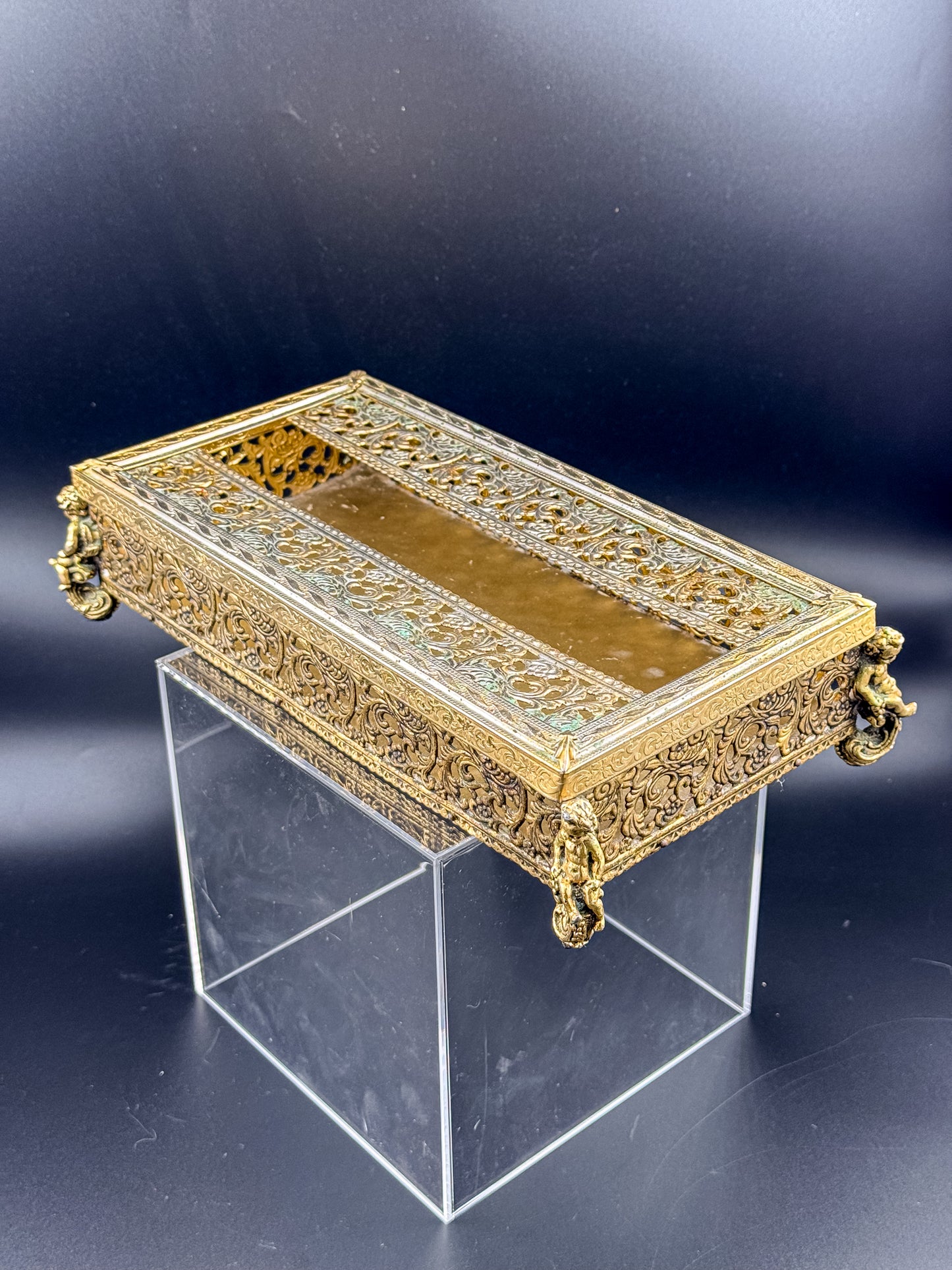 Vintage Hollywood Regency Gold Filigree Tissue Box Cover, Cherub Feet