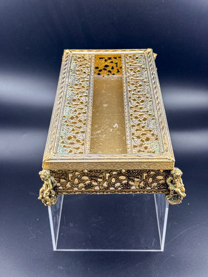 Vintage Hollywood Regency Gold Filigree Tissue Box Cover, Cherub Feet