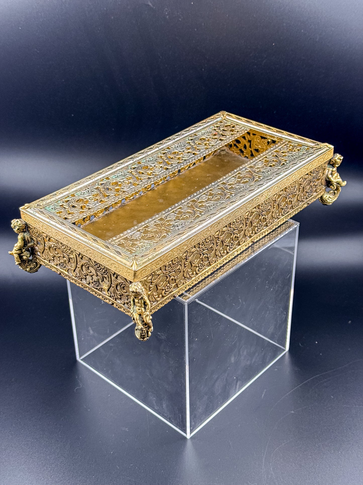 Vintage Hollywood Regency Gold Filigree Tissue Box Cover, Cherub Feet