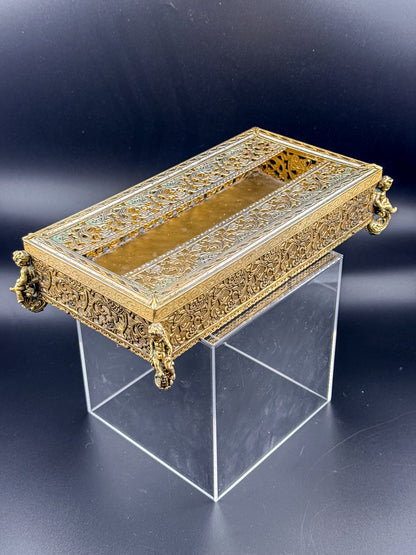 Vintage Hollywood Regency Gold Filigree Tissue Box Cover, Cherub Feet