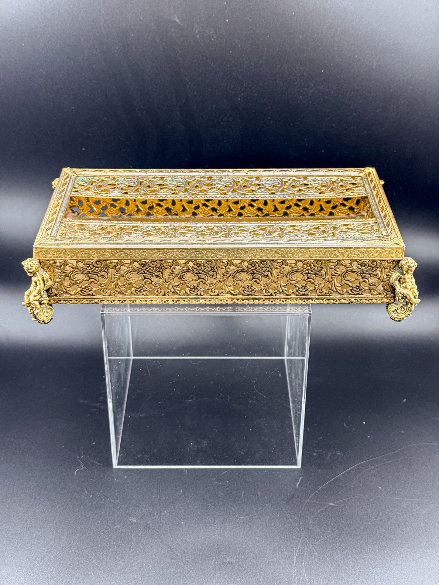 Vintage Hollywood Regency Gold Filigree Tissue Box Cover, Cherub Feet