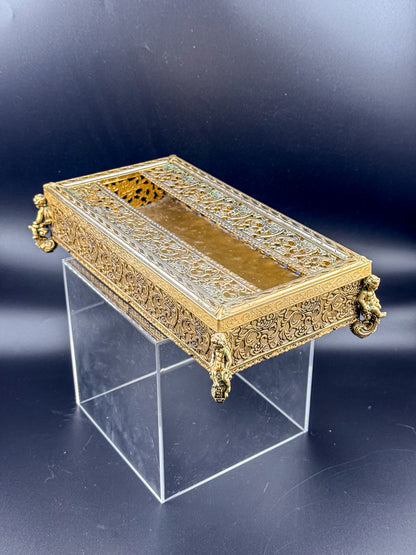 Vintage Hollywood Regency Gold Filigree Tissue Box Cover, Cherub Feet