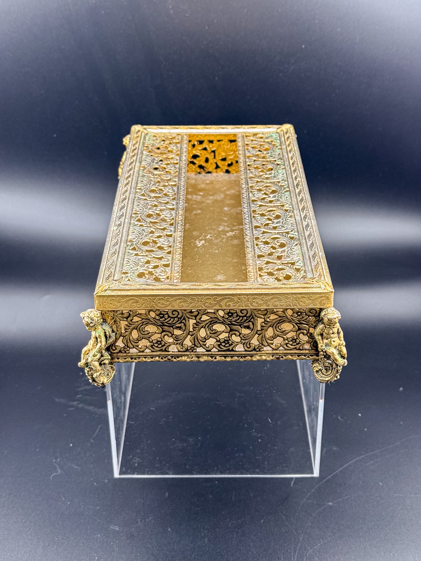 Vintage Hollywood Regency Gold Filigree Tissue Box Cover, Cherub Feet