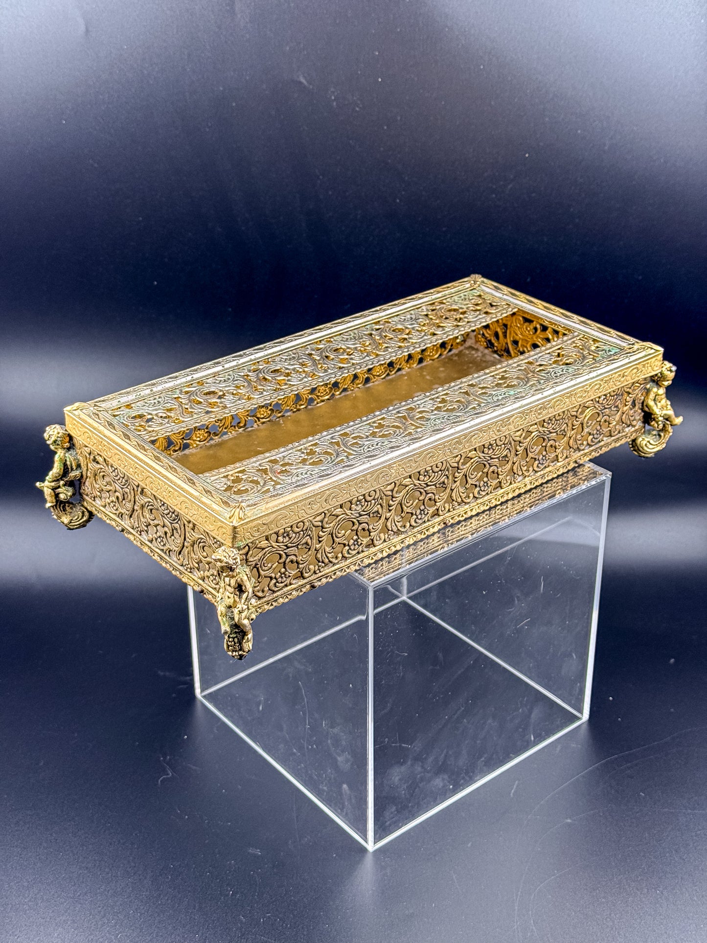 Vintage Hollywood Regency Gold Filigree Tissue Box Cover, Cherub Feet