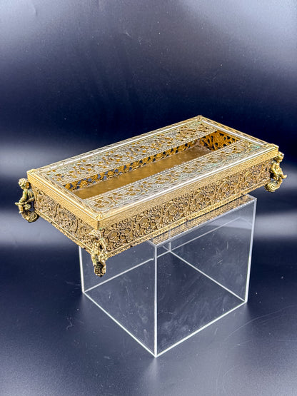 Vintage Hollywood Regency Gold Filigree Tissue Box Cover, Cherub Feet