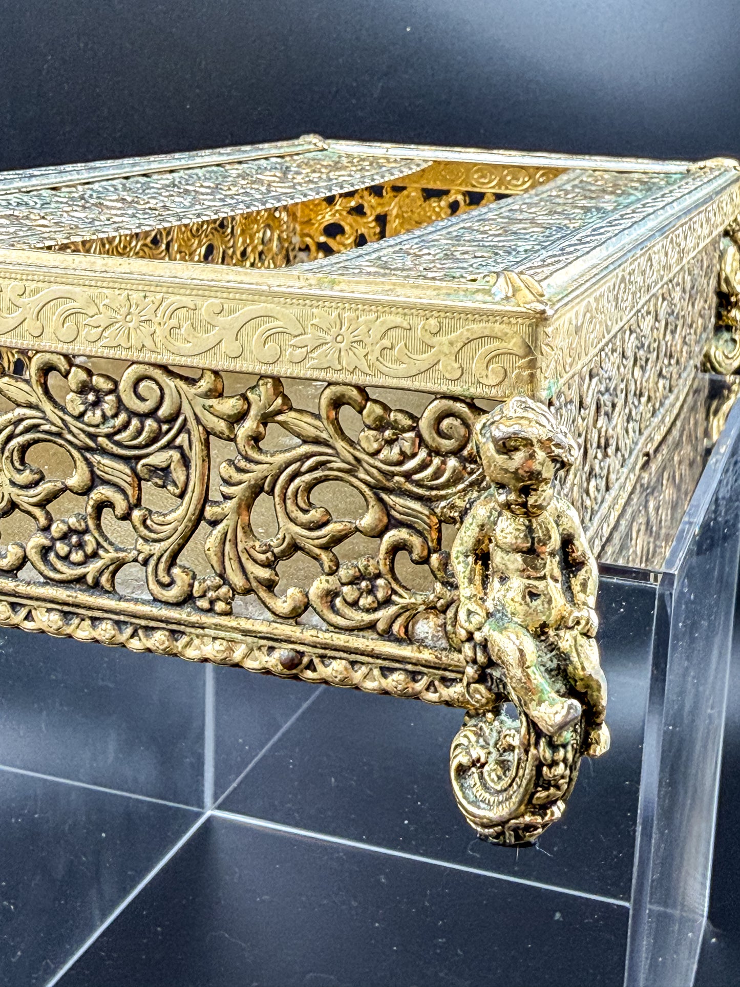 Vintage Hollywood Regency Gold Filigree Tissue Box Cover, Cherub Feet
