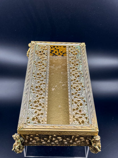 Vintage Hollywood Regency Gold Filigree Tissue Box Cover, Cherub Feet