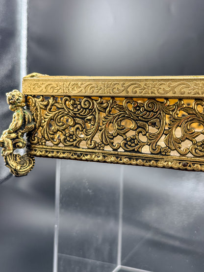 Vintage Hollywood Regency Gold Filigree Tissue Box Cover, Cherub Feet