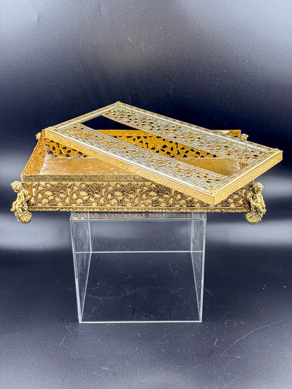 Vintage Hollywood Regency Gold Filigree Tissue Box Cover, Cherub Feet