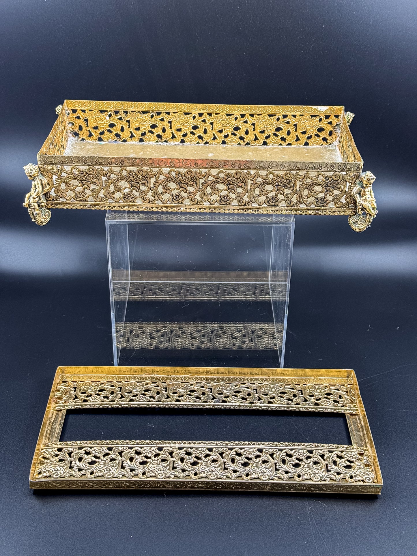 Vintage Hollywood Regency Gold Filigree Tissue Box Cover, Cherub Feet