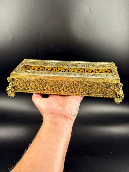 Vintage Hollywood Regency Gold Filigree Tissue Box Cover, Cherub Feet