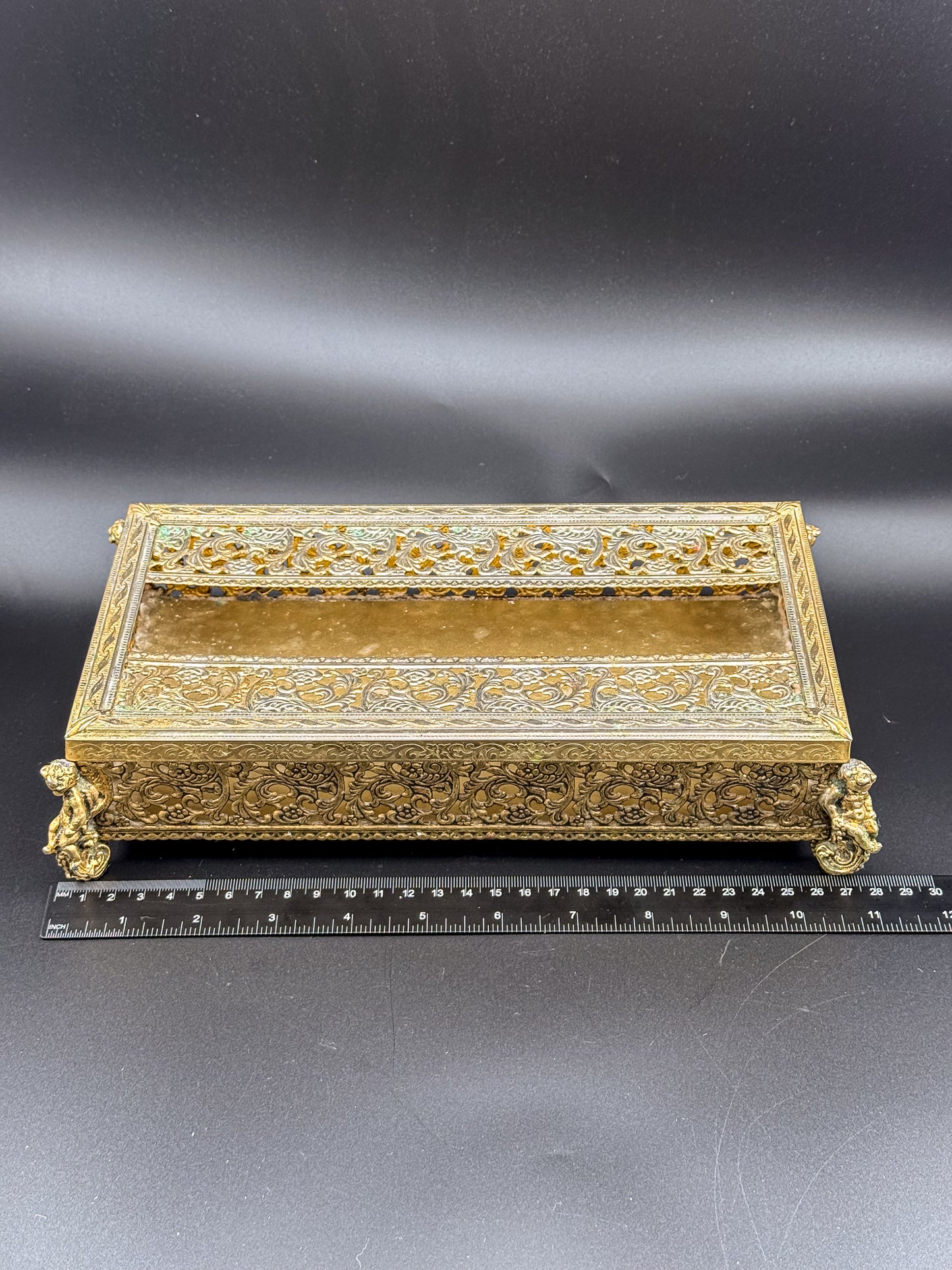 Vintage Hollywood Regency Gold Filigree Tissue Box Cover, Cherub Feet