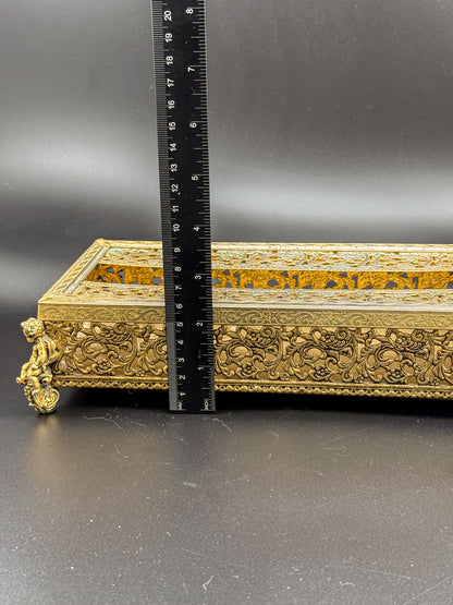 Vintage Hollywood Regency Gold Filigree Tissue Box Cover, Cherub Feet