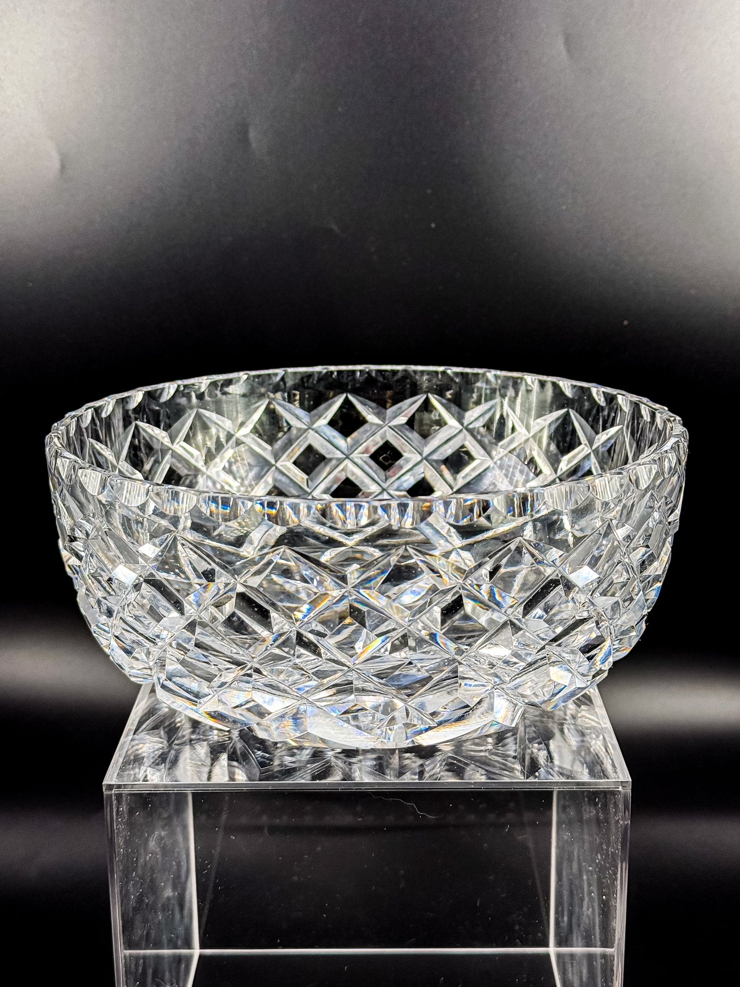 Vintage Cut Crystal Bowl with Diamond and Hobstar Pattern, Large Heavy Lead Crystal Serving Bowl