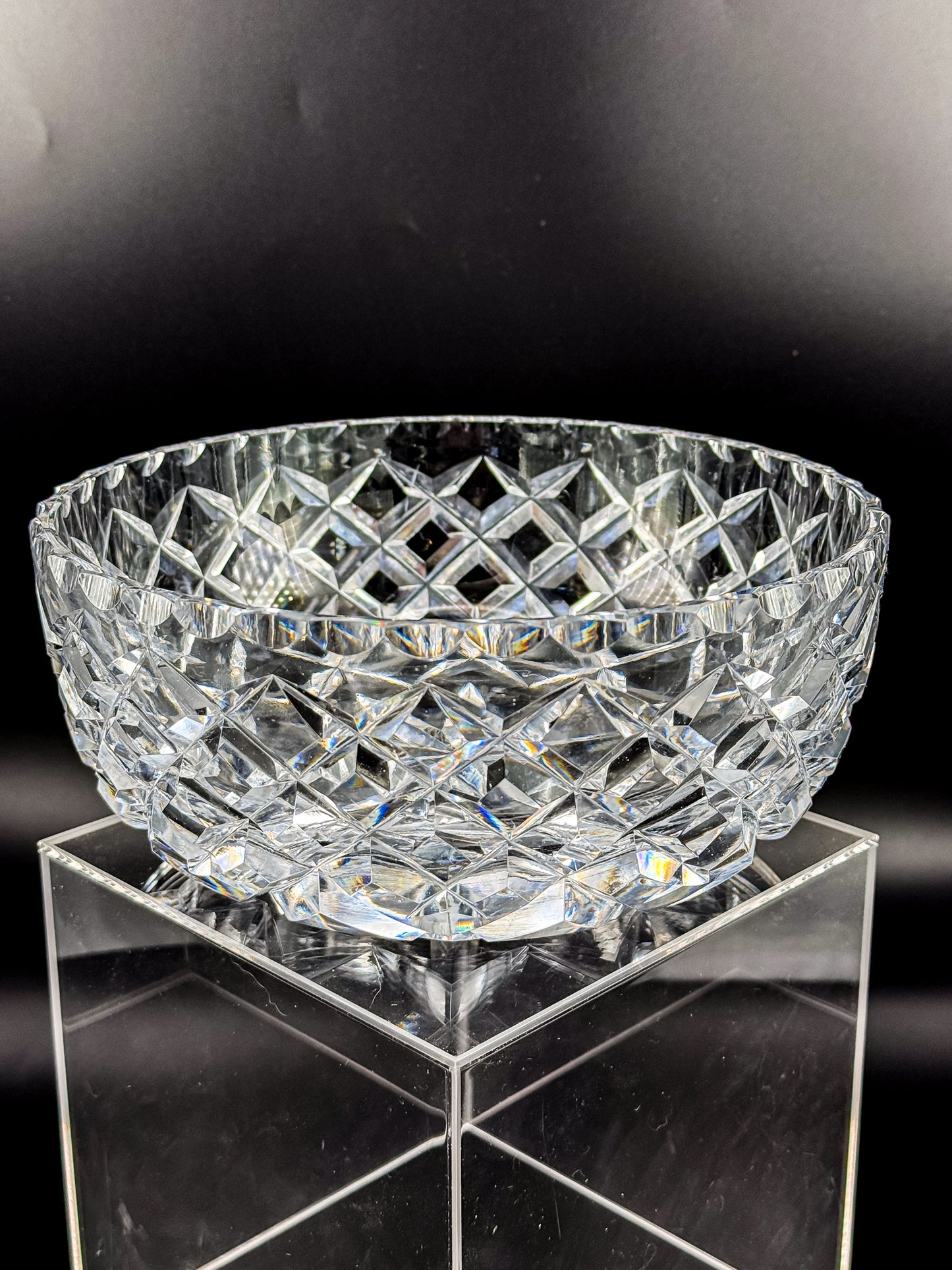 Vintage Cut Crystal Bowl with Diamond and Hobstar Pattern, Large Heavy Lead Crystal Serving Bowl