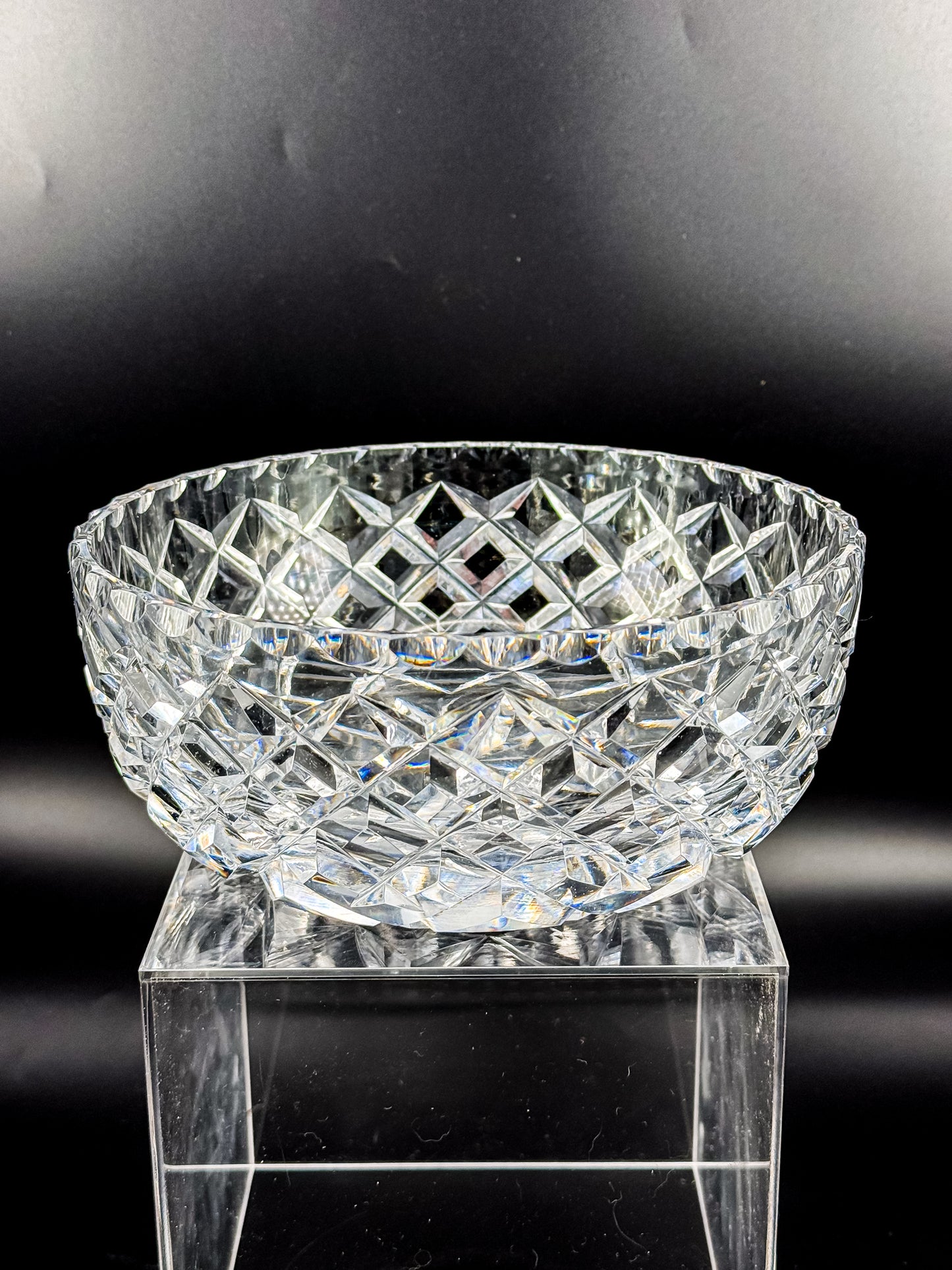 Vintage Cut Crystal Bowl with Diamond and Hobstar Pattern, Large Heavy Lead Crystal Serving Bowl