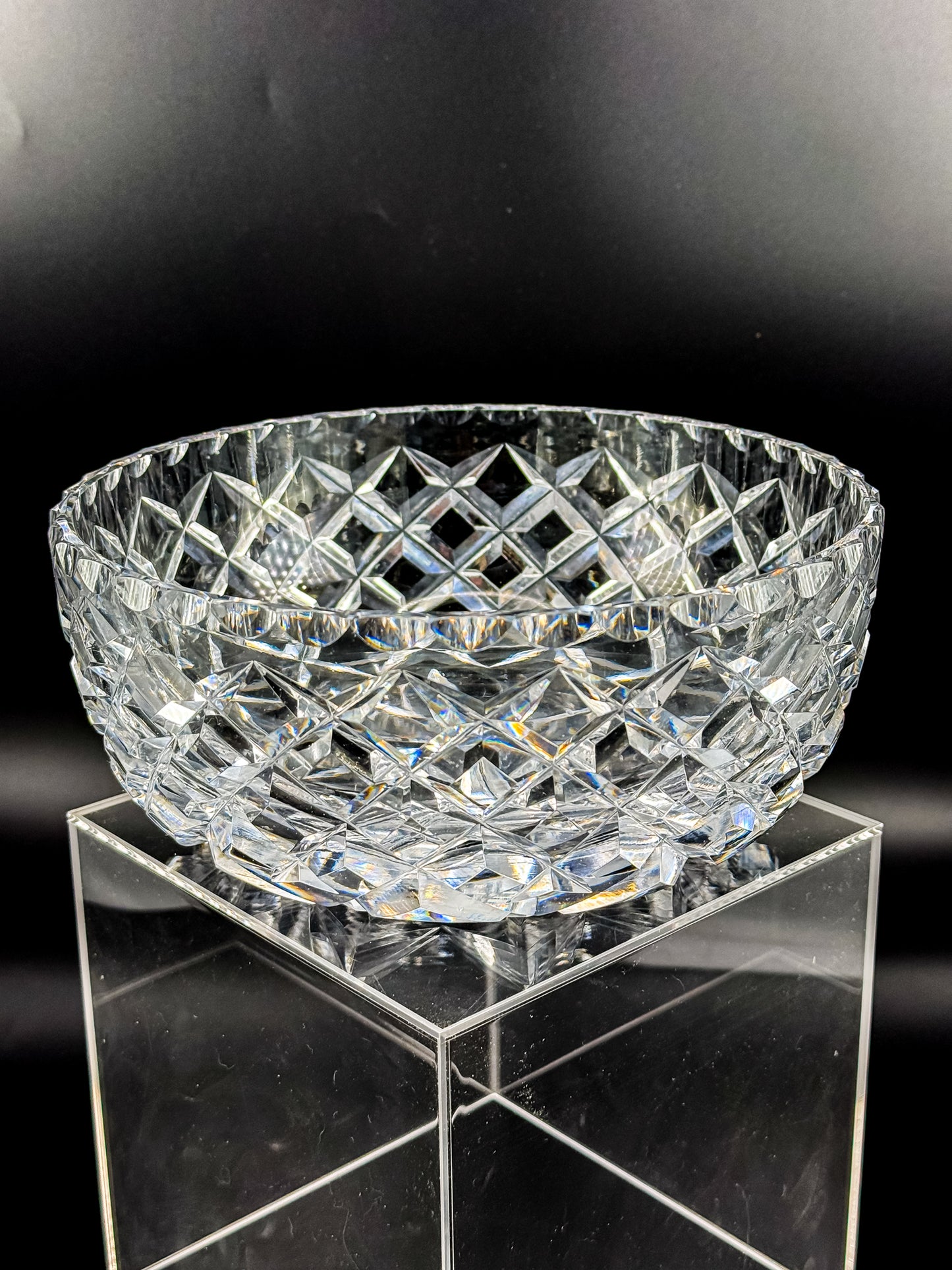 Vintage Cut Crystal Bowl with Diamond and Hobstar Pattern, Large Heavy Lead Crystal Serving Bowl