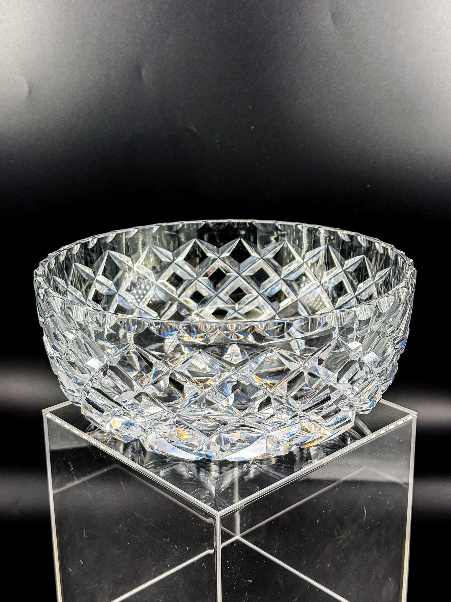 Vintage Cut Crystal Bowl with Diamond and Hobstar Pattern, Large Heavy Lead Crystal Serving Bowl