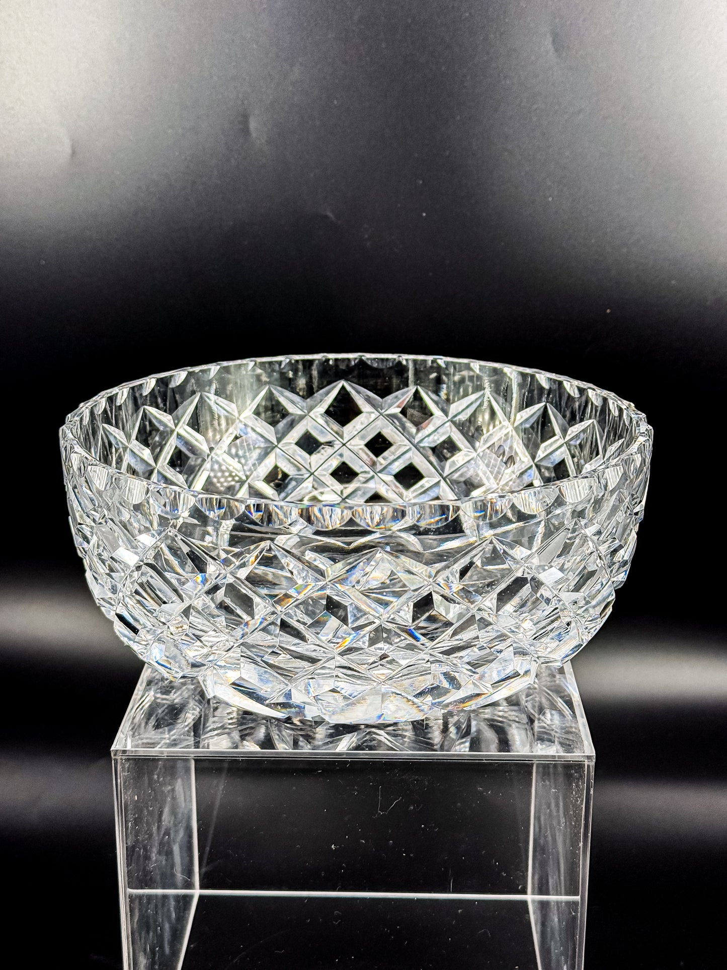 Vintage Cut Crystal Bowl with Diamond and Hobstar Pattern, Large Heavy Lead Crystal Serving Bowl