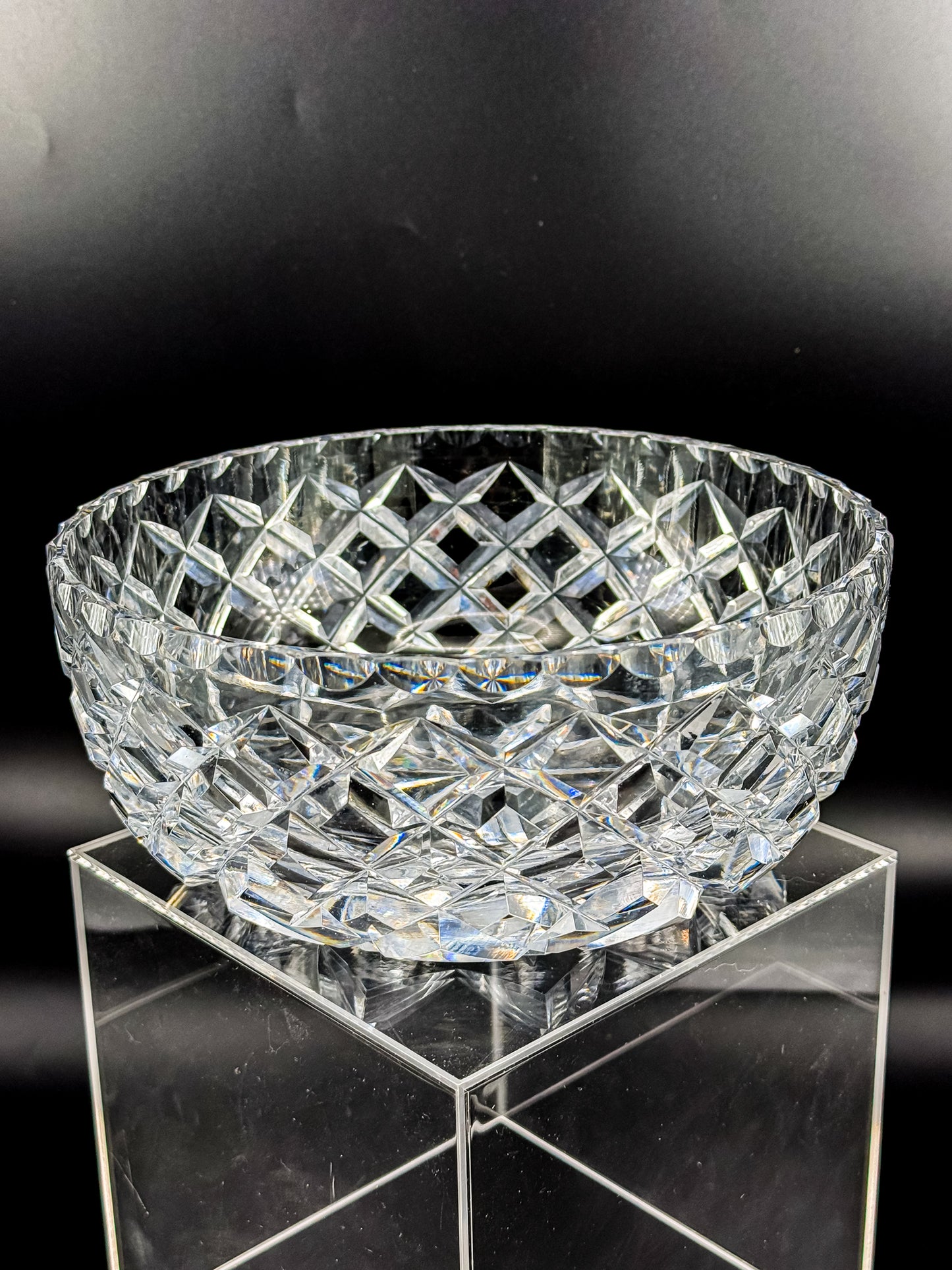 Vintage Cut Crystal Bowl with Diamond and Hobstar Pattern, Large Heavy Lead Crystal Serving Bowl