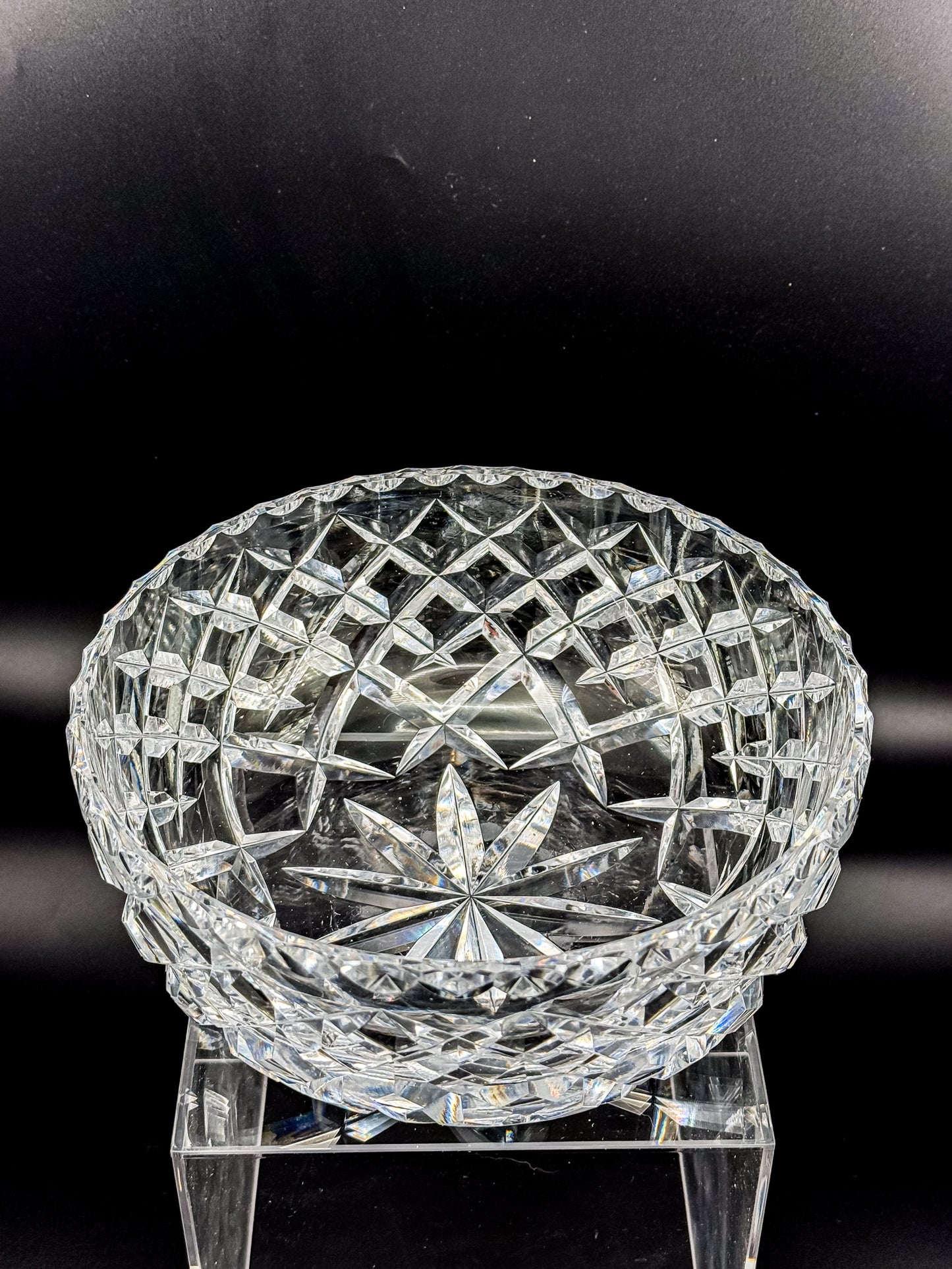 Vintage Cut Crystal Bowl with Diamond and Hobstar Pattern, Large Heavy Lead Crystal Serving Bowl