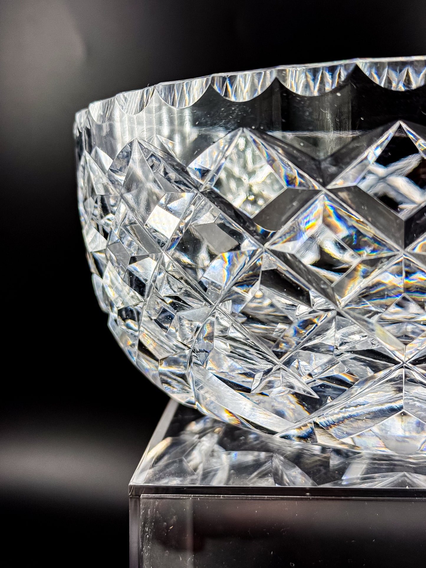 Vintage Cut Crystal Bowl with Diamond and Hobstar Pattern, Large Heavy Lead Crystal Serving Bowl