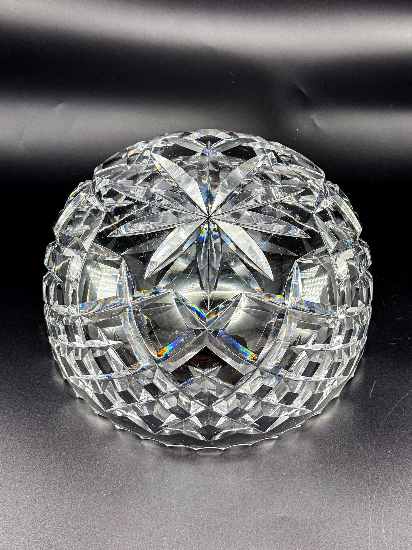 Vintage Cut Crystal Bowl with Diamond and Hobstar Pattern, Large Heavy Lead Crystal Serving Bowl