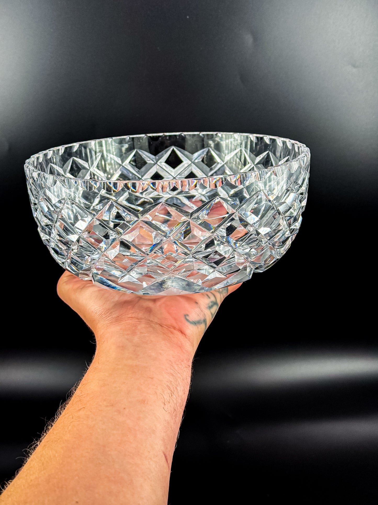 Vintage Cut Crystal Bowl with Diamond and Hobstar Pattern, Large Heavy Lead Crystal Serving Bowl