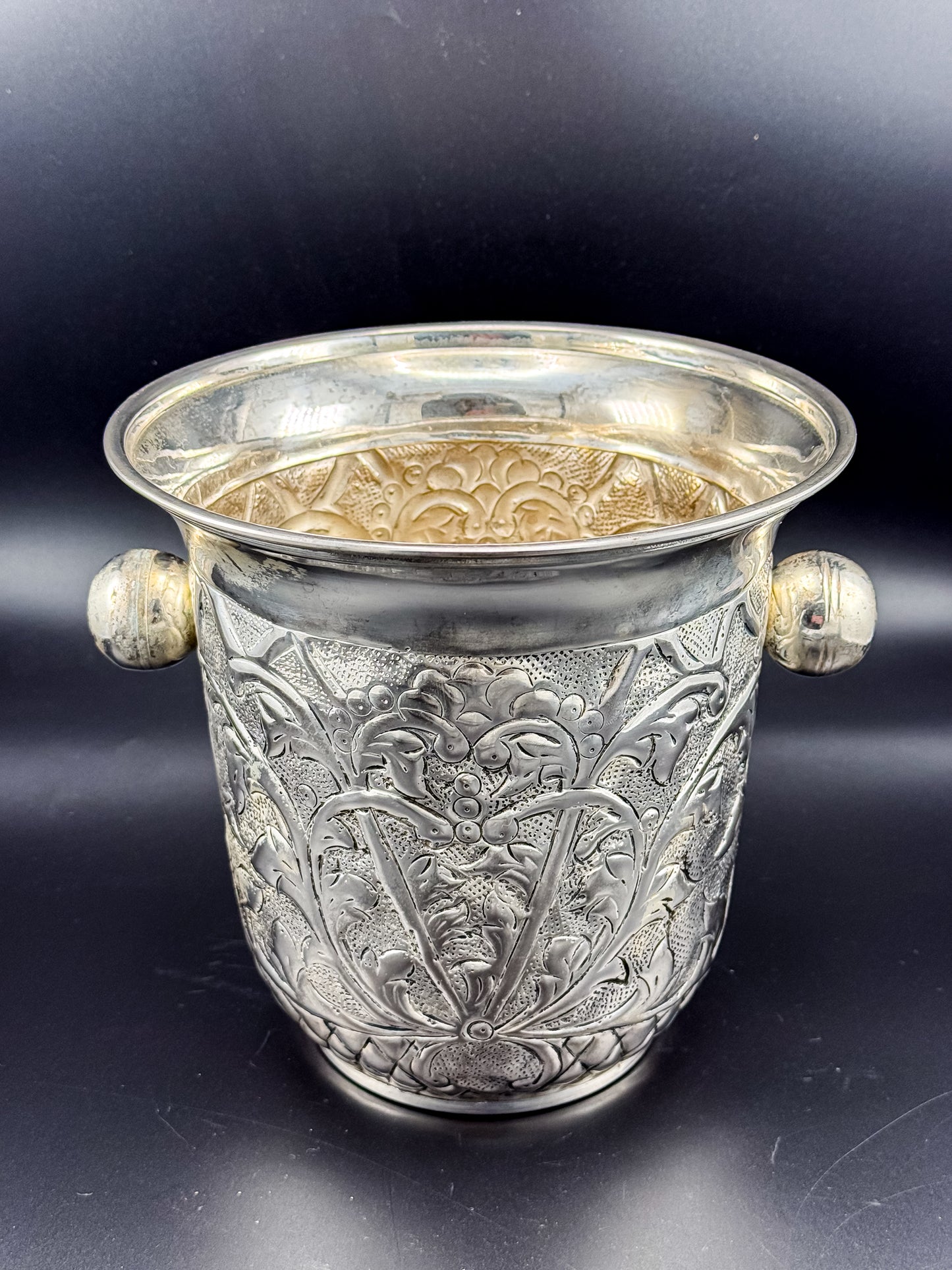 Vintage Repoussé Floral Ice Bucket, Champagne Bucket or Vase with Spherical Handles