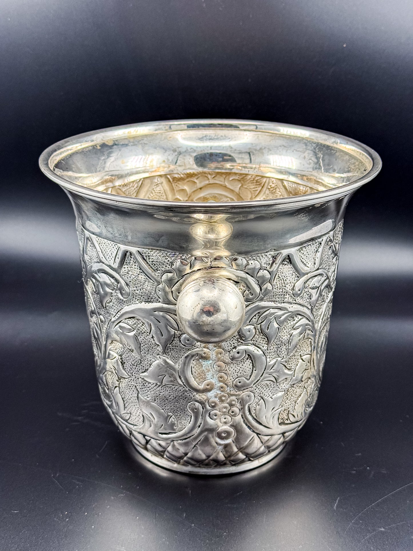 Vintage Repoussé Floral Ice Bucket, Champagne Bucket or Vase with Spherical Handles